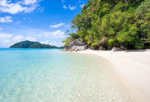Secluded white sand beach with lush greenery on Surin Islands