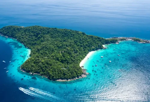 Aerial photo of Similan Island with dense jungle, white sand beach, and turquoise sea.