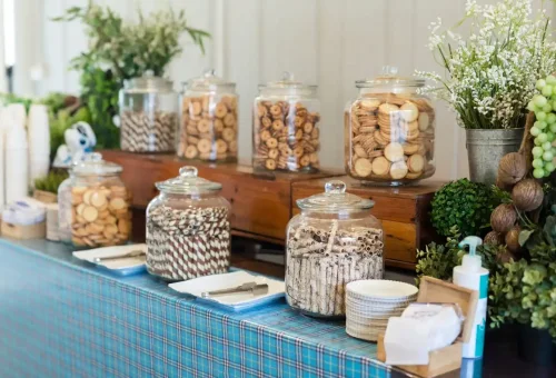 Assortment of cookies, snacks, and drinks at the Similan Islands pier lounge.