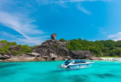 Speedboat arriving at the famous Donald Duck Bay in Similan Islands
