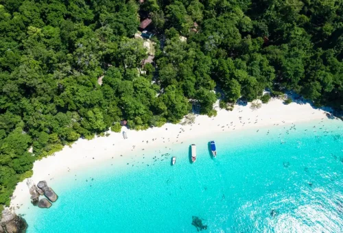 Aerial view of Similan Island’s white sandy beach and turquoise sea
