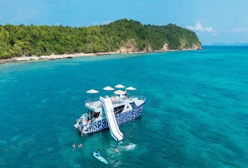 Luxury catamaran tour near Maiton Island with slide and snorkelers