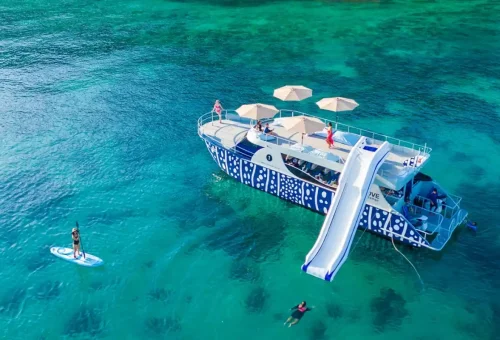 Stand-up paddleboarding near a luxury catamaran at Maiton Island