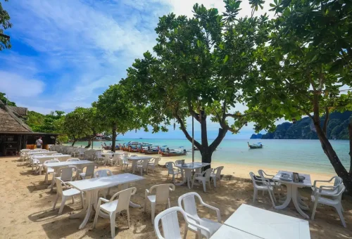 Seaside lunch setup at Phi Phi Island beach restaurant