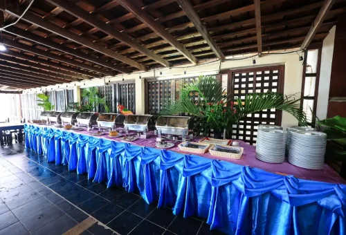 Buffet lunch setup at beachfront restaurant on Phi Phi Island.
