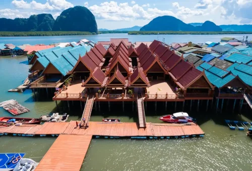 Floating village with traditional Thai architecture in Phang Nga Bay