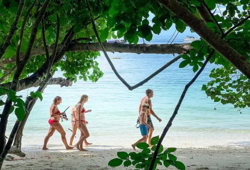 Family walking along the shaded beach trail on Hong Island