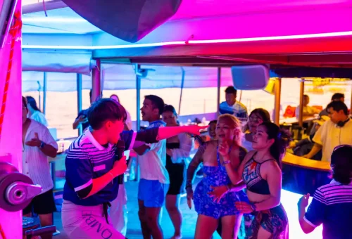 Guests enjoying karaoke and dancing with crew on Ombre catamaran