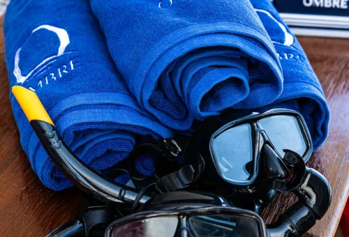 Blue Ombre towels and snorkeling gear neatly placed on wooden deck