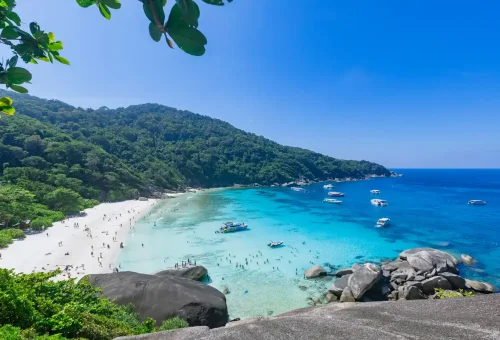 Aerial view of Similan Islands white sandy beach, turquoise sea, and speedboats with tourists swimming near Phuket, Thailand.