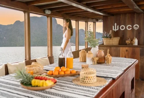 Woman standing inside WOCO boat with tropical fruit and drinks on table.