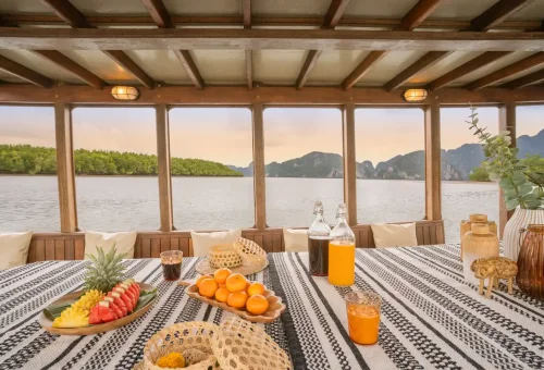 cenic view from inside a WOCO boat with fruit and juice on the table.