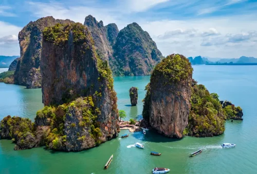 Aerial view of James Bond Island and limestone cliffs in Phang Nga Bay
