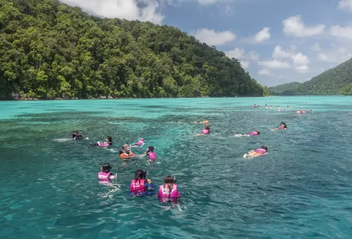 Snorkeling in crystal-clear Surin Islands waters on a Phuket Travel Store speedboat tour.