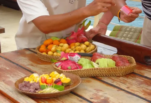 Thai tropical fruit baskets served onboard The Cruise Day Tour Phuket