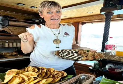 Freshly prepared snacks and pancakes served on cruise boat
