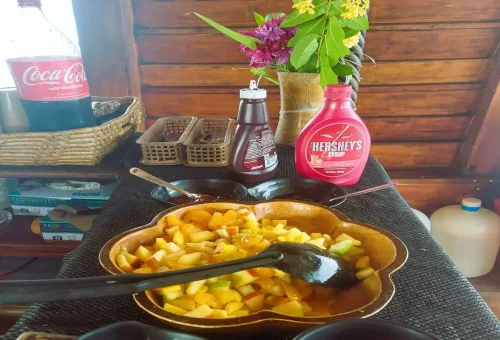Fresh tropical fruit salad with Hershey’s chocolate syrup and Coca-Cola served on board the Phuket