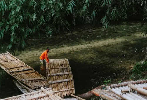 Local guide preparing bamboo rafts on the Sok River in Khao Sok National Park.