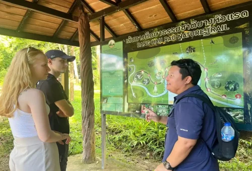 Tourists learning about Khao Sok nature trail from local guide.