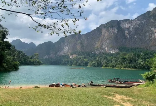 Longtail boats anchored by Cheow Lan Lake with mountain backdrop.
