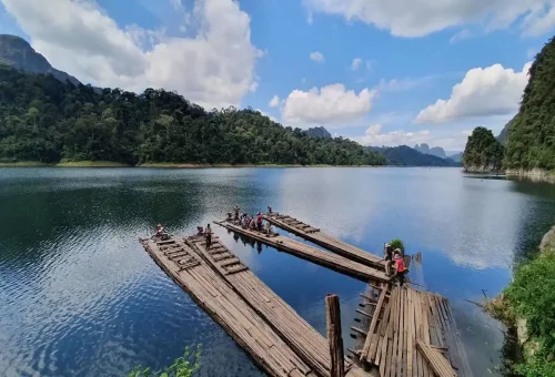 Bamboo rafts ready for guests at Cheow Lan Lake explorer tour.