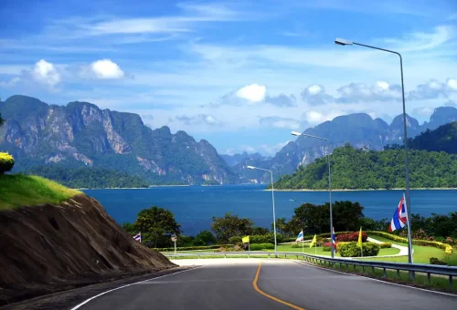 Scenic road to Cheow Lan Lake, gateway to Khao Sok National Park.