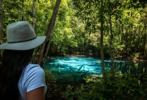 Tourist enjoying the view of Blue Pool at Krabi Emerald Pool.