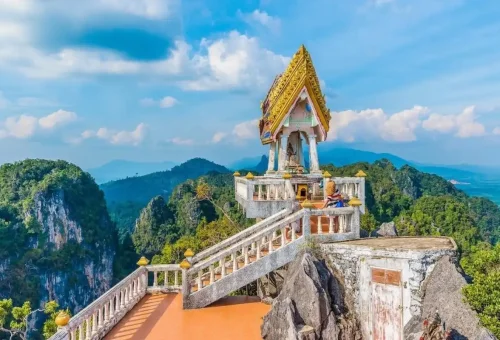 Viewpoint at Tiger Cave Temple Krabi overlooking limestone mountains.