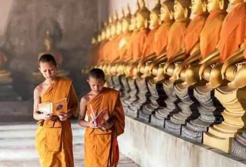 Young Buddhist monks reading at Tiger Cave Temple Krabi.