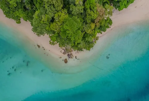 Aerial view of turquoise beach and tropical forest at Surin Islands Thailand