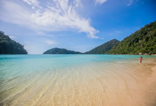 Crystal clear turquoise water and soft sand beach at Surin Islands Thailand