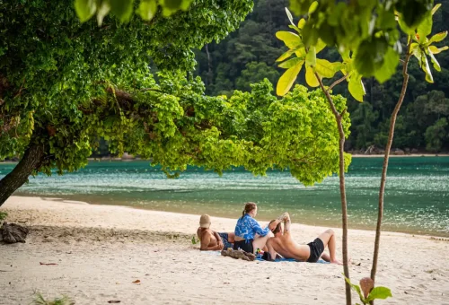 Tourists relaxing under tropical trees on sandy beach at Surin Islands Thailand