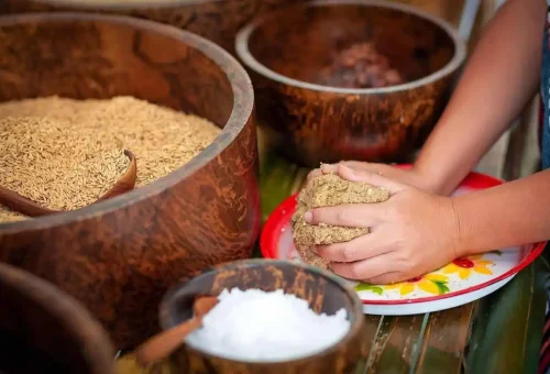 Hands shaping elephant food balls using rice husks, tamarind, and salt at Phuket Elephant Care Park.