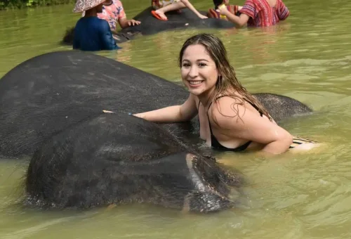 Woman smiling while bathing an elephant in the natural pond at Phuket Elephant Care Park.