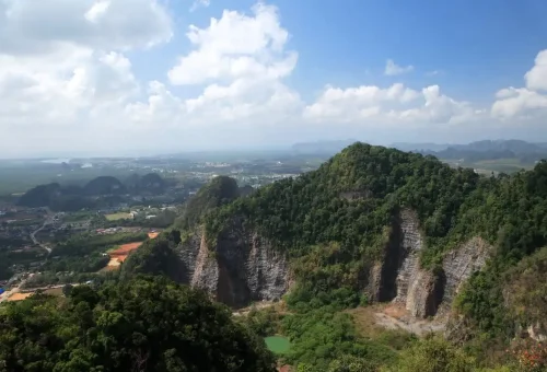 Breathtaking landscape of limestone mountains and Krabi town from the temple viewpoint.