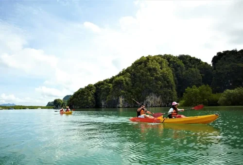 Kayaking team surrounded by lush forest cliffs in Ao Thalane Krabi