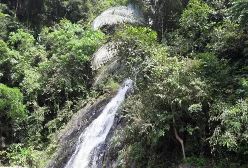 Small stream and rock formations along the Huay Tho cycling route in Krabi.