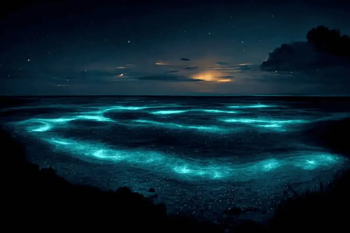 Bioluminescent plankton glowing in the sea at night near Krabi islands