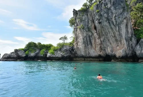 Tourists swimming near limestone cliffs and clear green water around Krabi’s islands