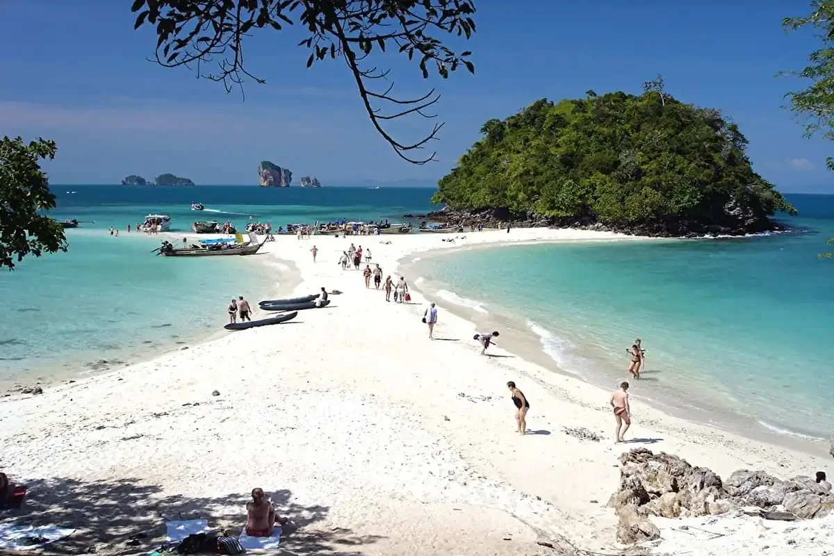Aerial view of Tup Island’s white sandbar connecting to Chicken Island in Krabi.