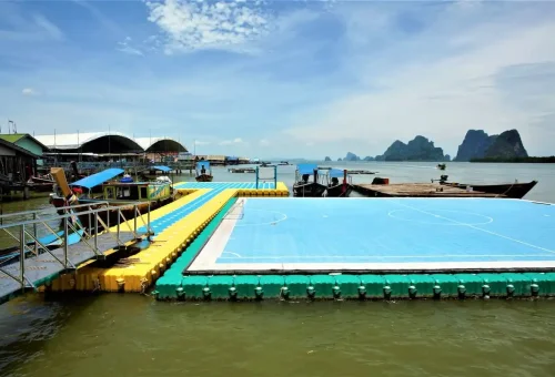Floating football field at Koh Panyee village in Phang Nga Bay, visited during the James Bond Discovery Tour.