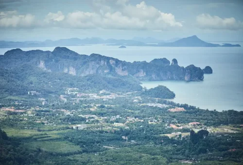 Aerial view of Krabi coastline and islands seen from Dragon Crest viewpoint.