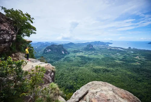 Scenic view from Dragon Crest Trail Krabi showing limestone cliffs and tropical forest.