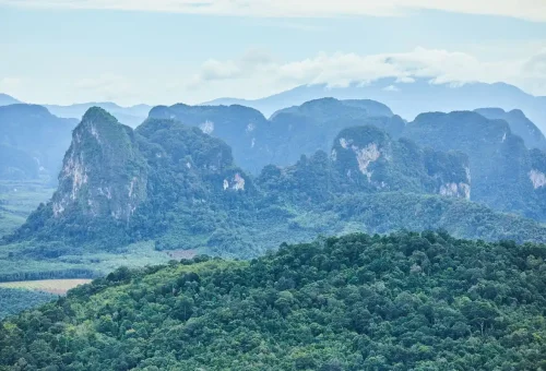 Lush green mountains and cliffs of Krabi National Park viewed from Dragon Crest peak.