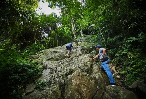Hikers scaling rocky terrain under the jungle canopy on the way to Tiger Cave Temple.