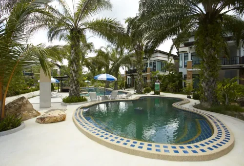 Modern boutique resort pool area with loungers and palm trees in Krabi.