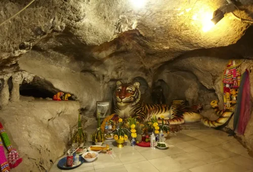 Tiger statue inside sacred cave at Wat Tham Suea with offerings and flowers.