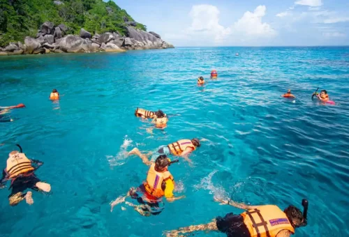Tourists snorkeling in crystal-clear turquoise water near Koh Tao with life vests and coral reefs below.