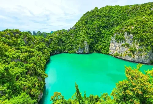 Emerald Lagoon at Angthong Marine Park surrounded by lush green cliffs and tropical forest in the Gulf of Thailand.