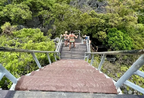 Tourists walking down the steep stairs surrounded by tropical forest at Angthong Marine Park.
